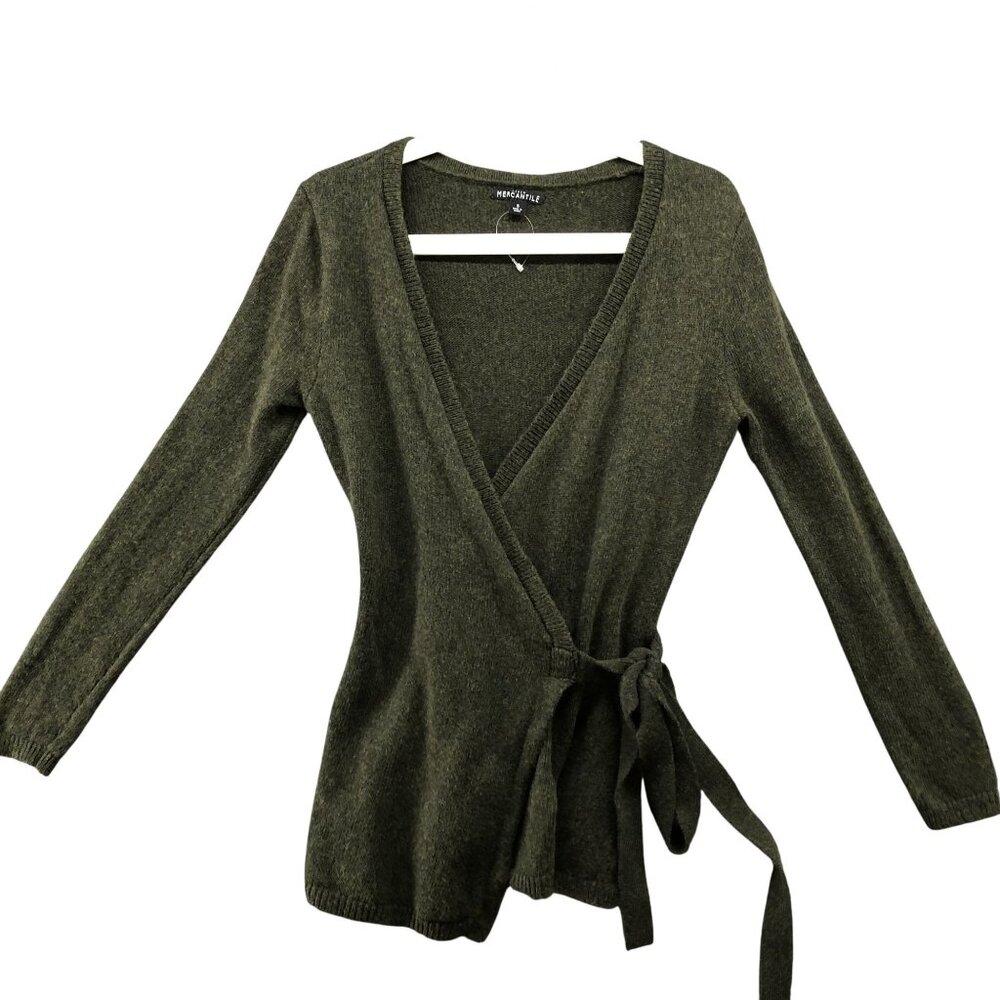 J. Crew Mercantile Wool Blend Wrap Sweater Womens S Olive Green Tie Waist